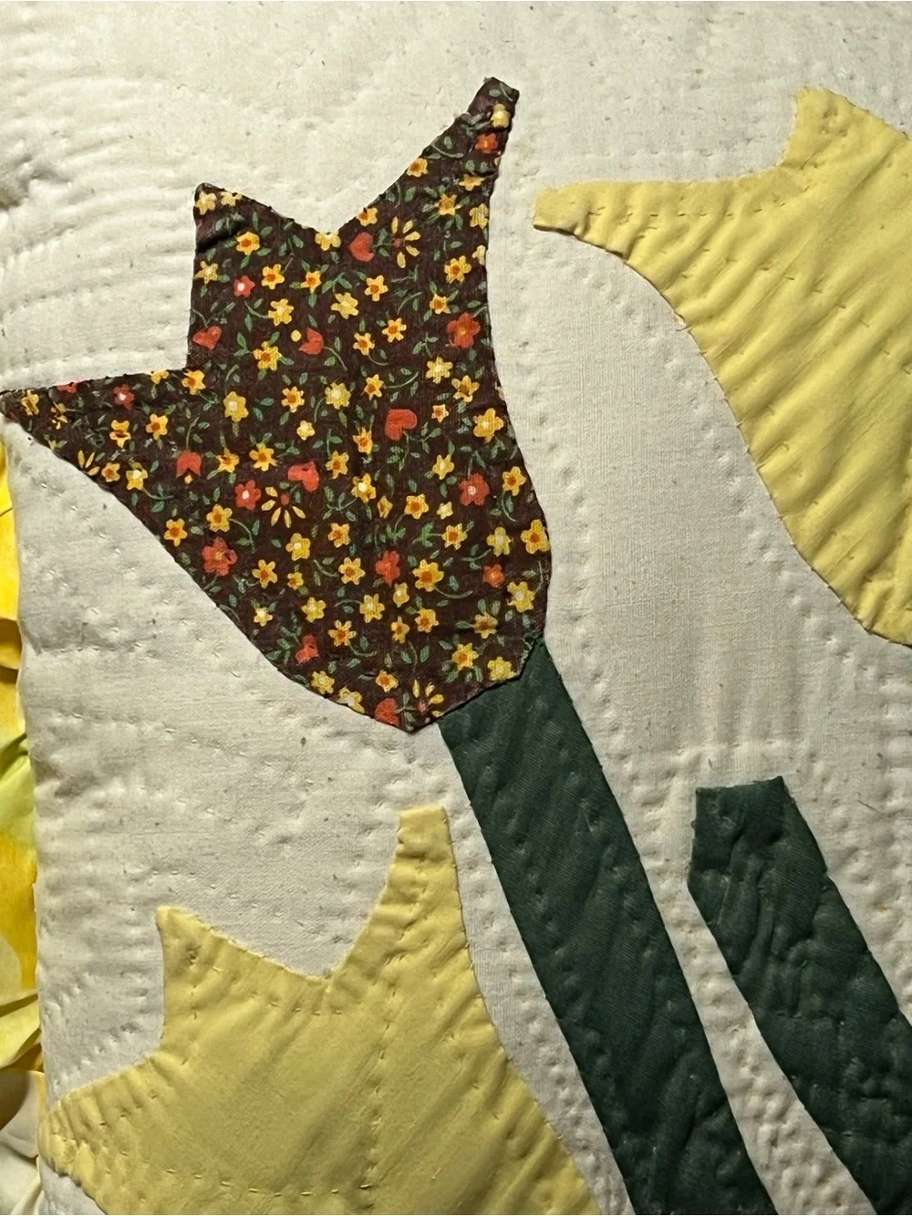 Vintage set of twoYellow Tulip Quilted Pillows with Ruffle Trim